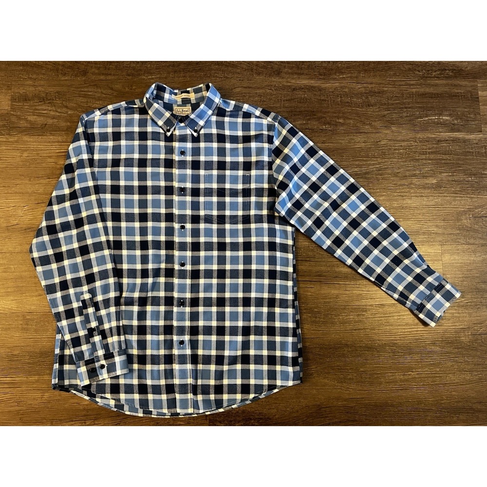 L.L.Bean Scotch Plaid Button-down L Flannel Shirt Blue & Navy Tartan 300331 F27